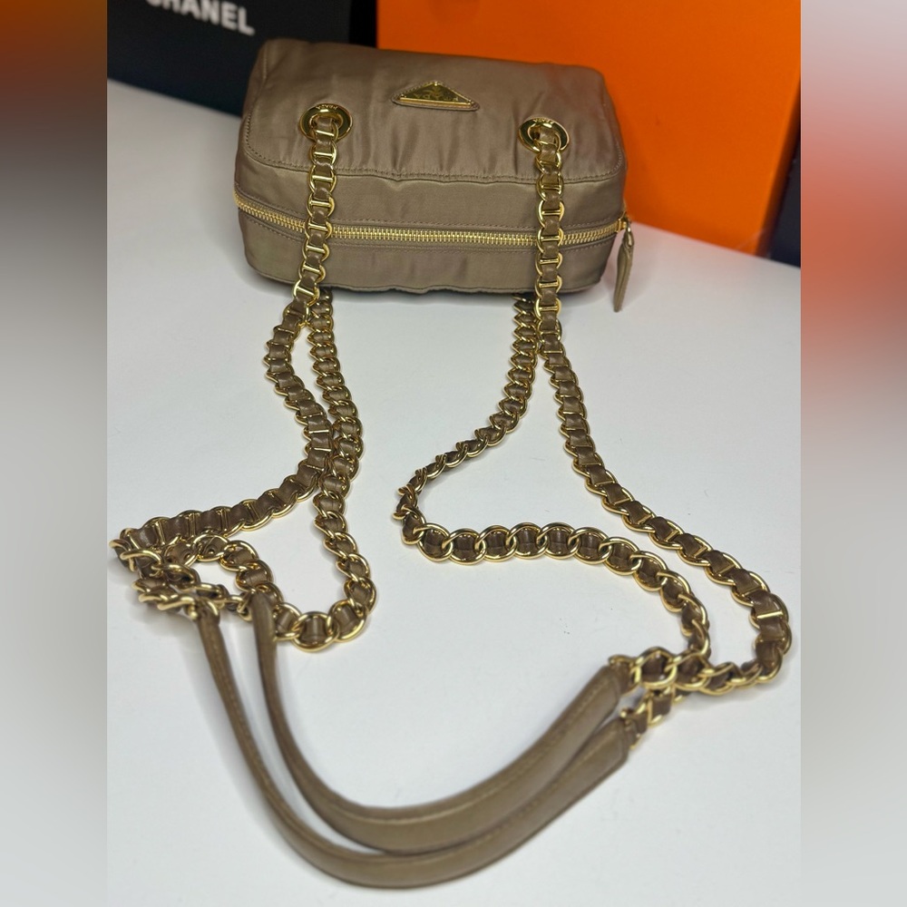 Auth PRADA Triangle Logo Tessuto Nylon Brown Chain Shoulder - Picture 10 of 17